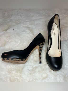 Coach Black Leather Platform Pumps with Signature Monogram Heel